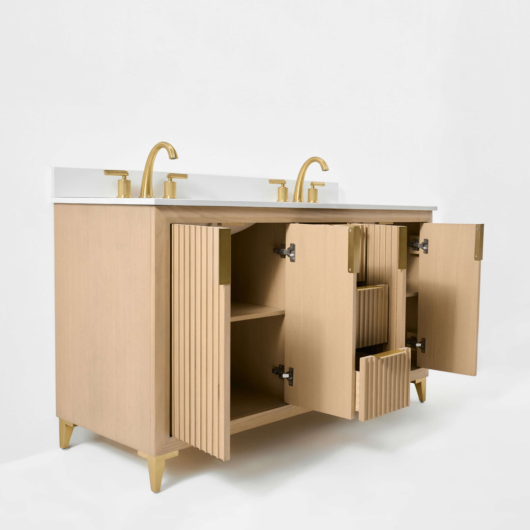 Turlington Oak Vanity with White Quartz Top & Gold Hardware