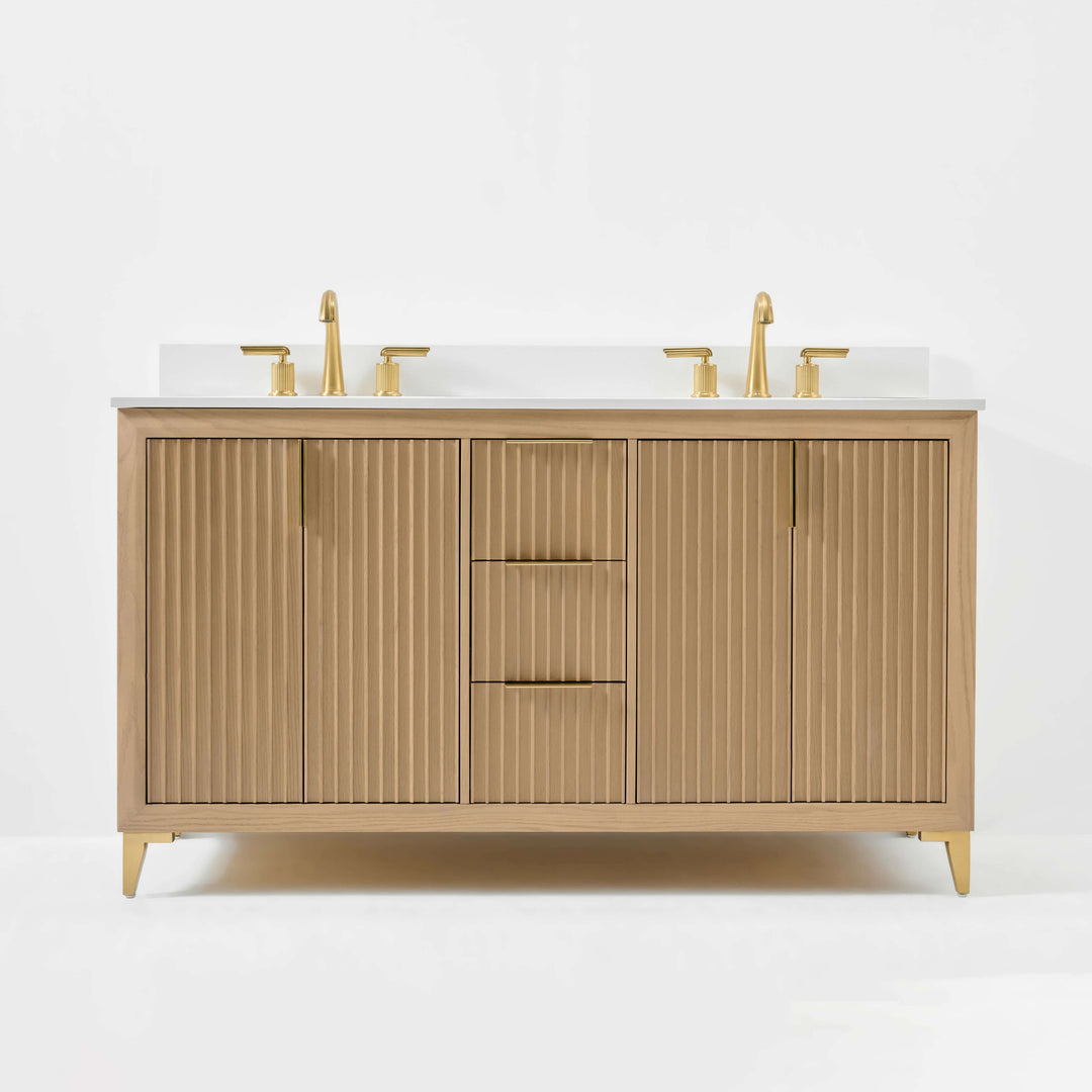 Turlington Oak Vanity with White Quartz Top & Gold Hardware