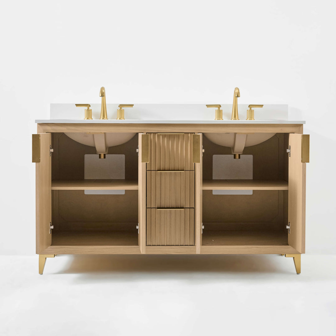 Turlington Oak Vanity with White Quartz Top & Gold Hardware