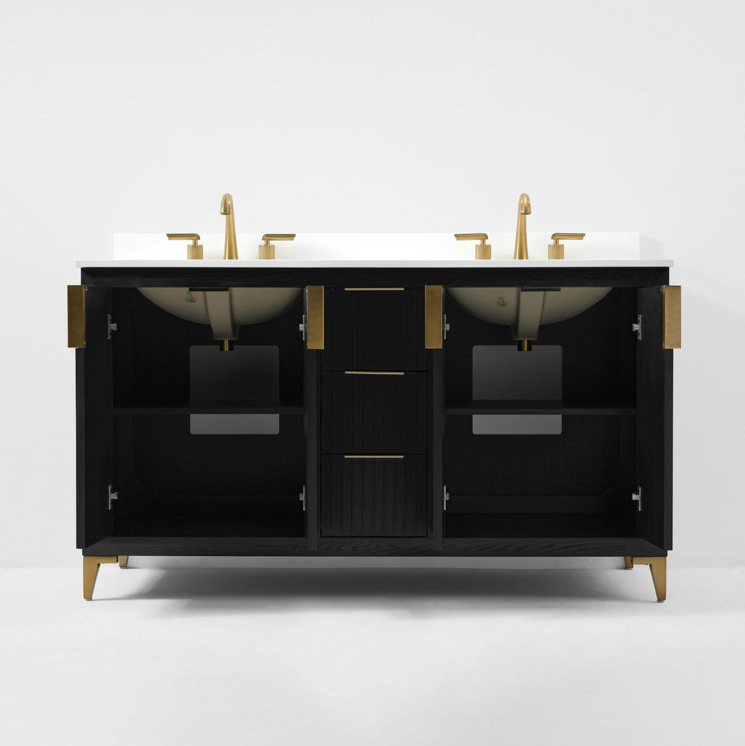 Turlington Oak Vanity with White Quartz Top & Gold Hardware