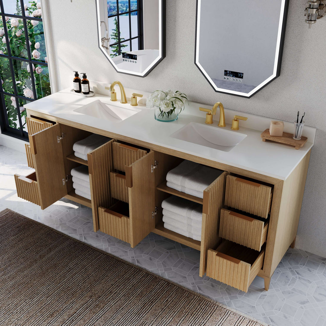 Turlington Oak Vanity with White Quartz Top & Gold Hardware