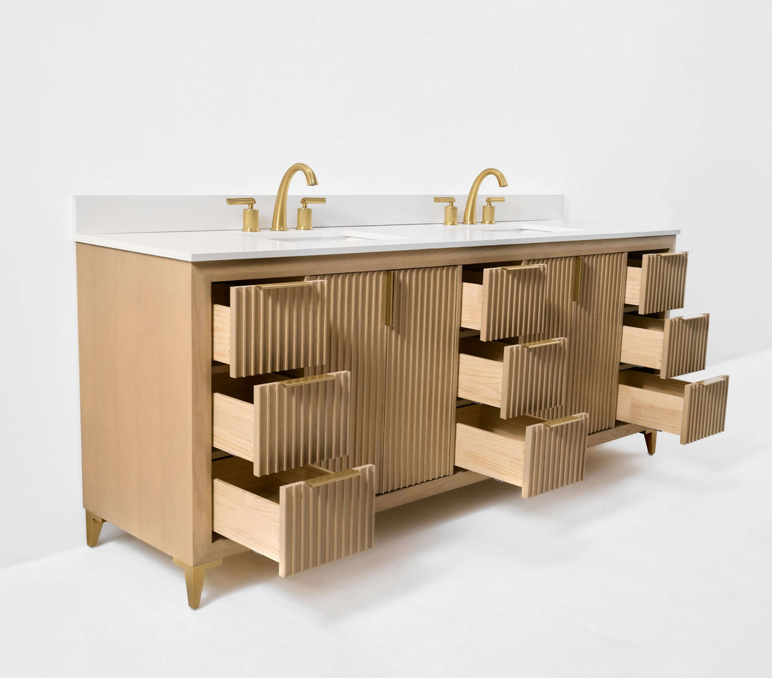 Turlington Oak Vanity with White Quartz Top & Gold Hardware