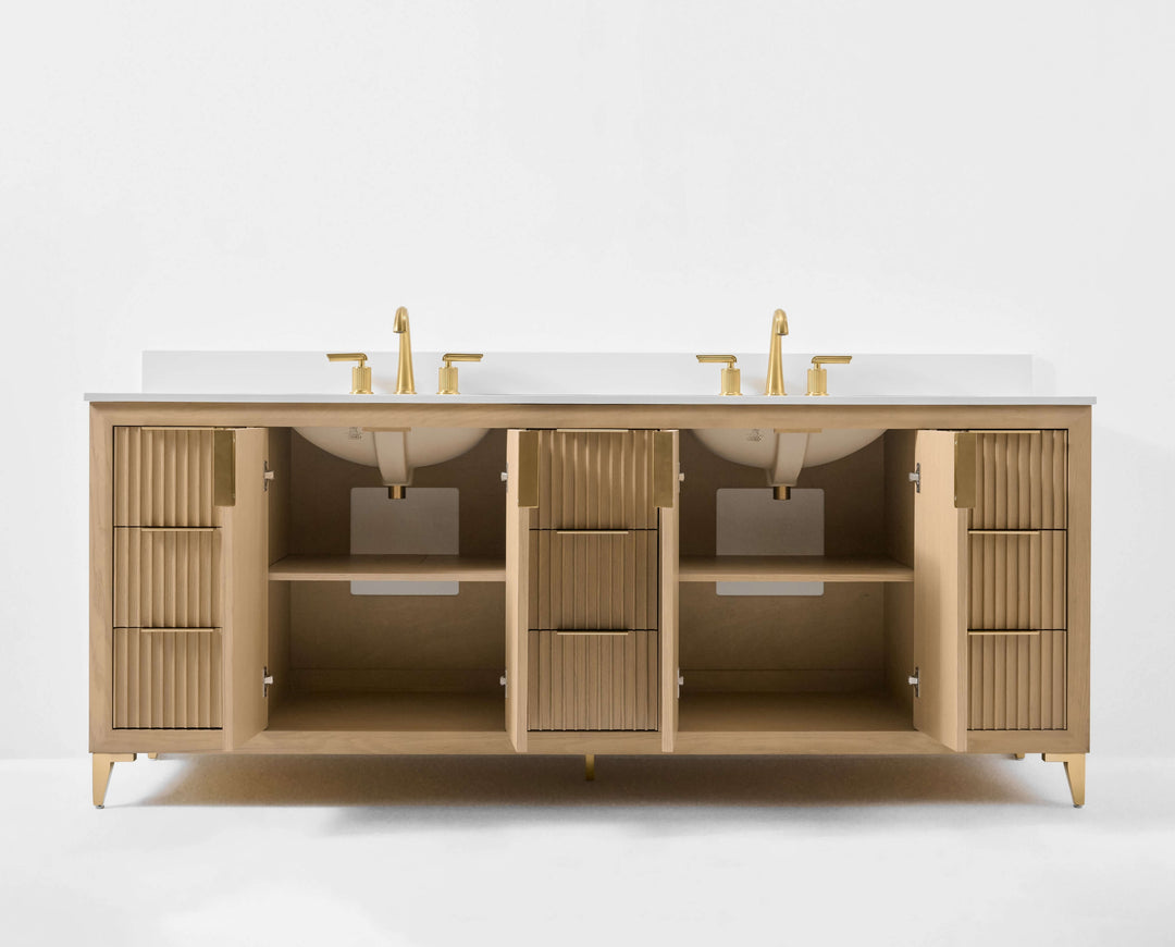 Turlington Oak Vanity with White Quartz Top & Gold Hardware