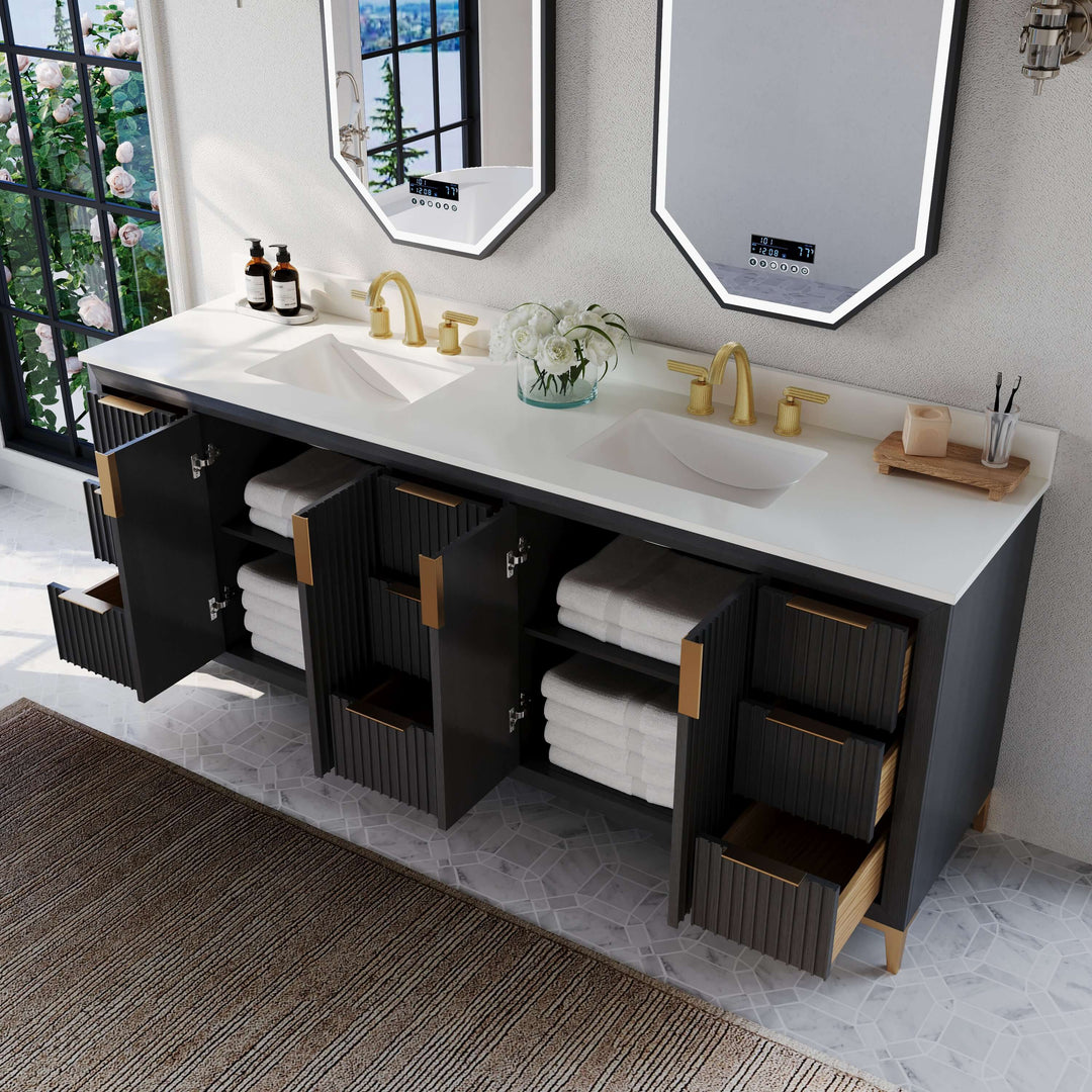 Turlington Oak Vanity with White Quartz Top & Gold Hardware