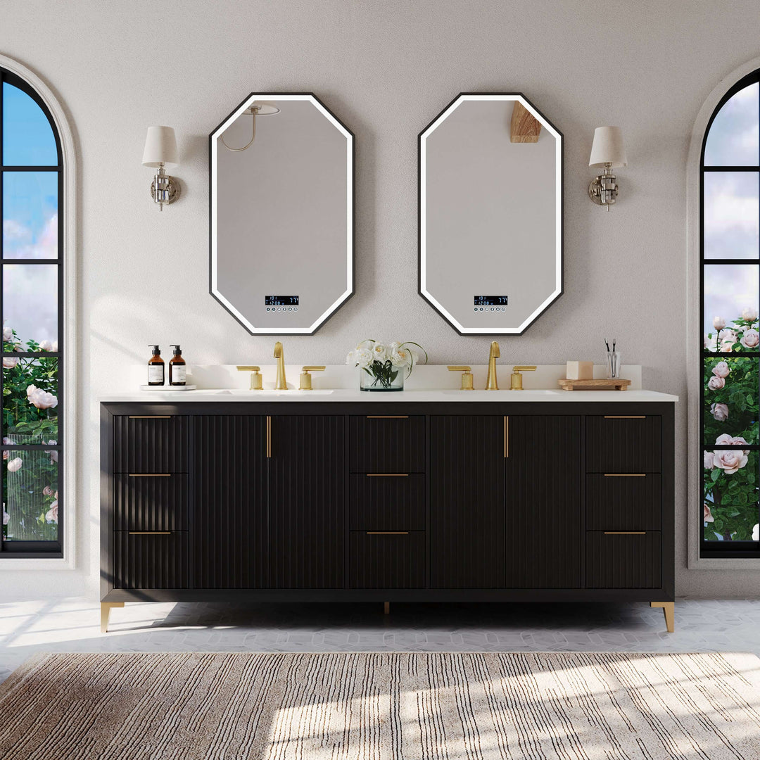 Turlington Oak Vanity with White Quartz Top & Gold Hardware