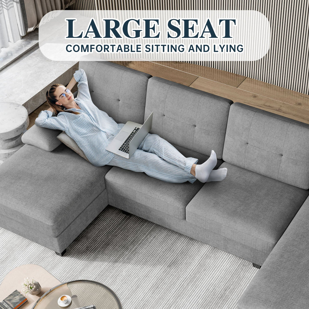 106" U-Shaped 4-Seat Modern Sectional Sofa with Double Chaises – Linen Upholstery