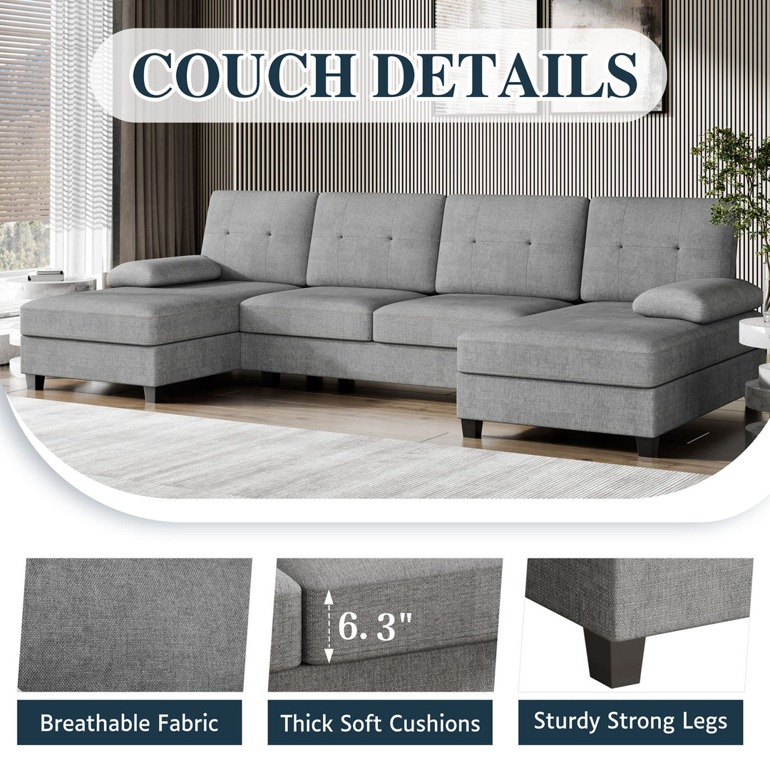 106" U-Shaped 4-Seat Modern Sectional Sofa with Double Chaises – Linen Upholstery