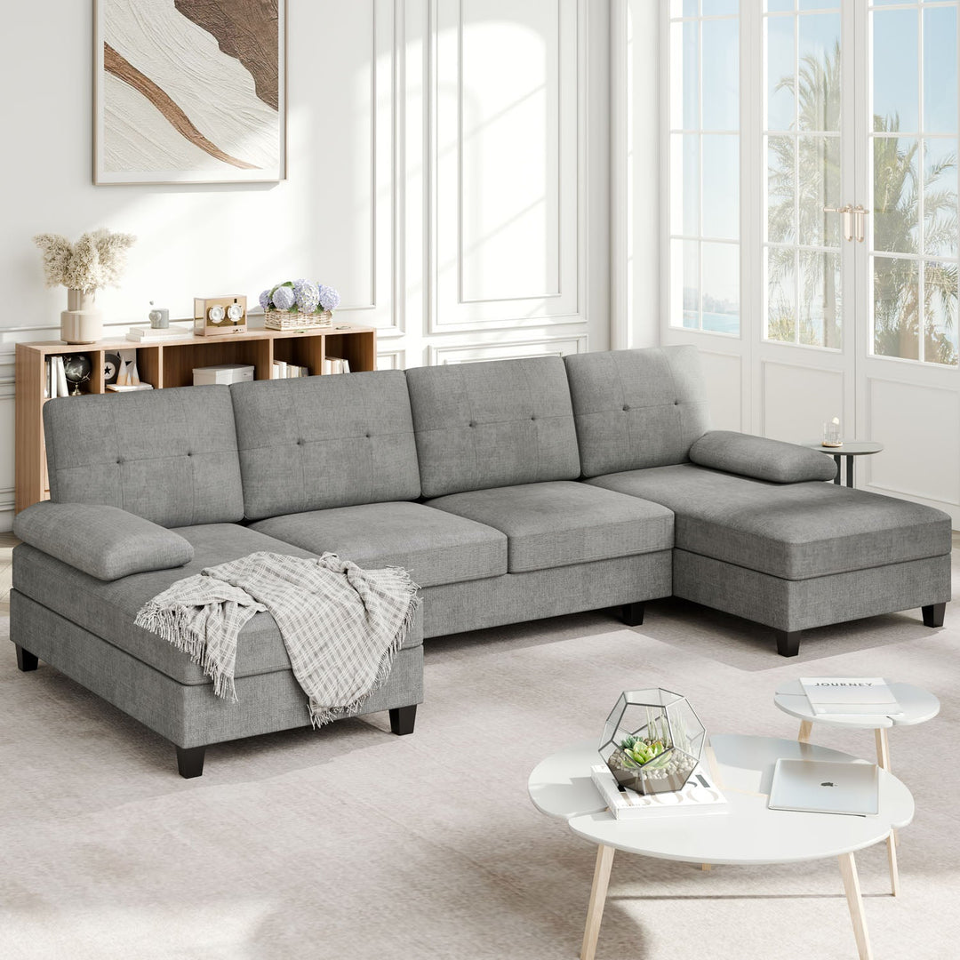 106" U-Shaped 4-Seat Modern Sectional Sofa with Double Chaises – Linen Upholstery