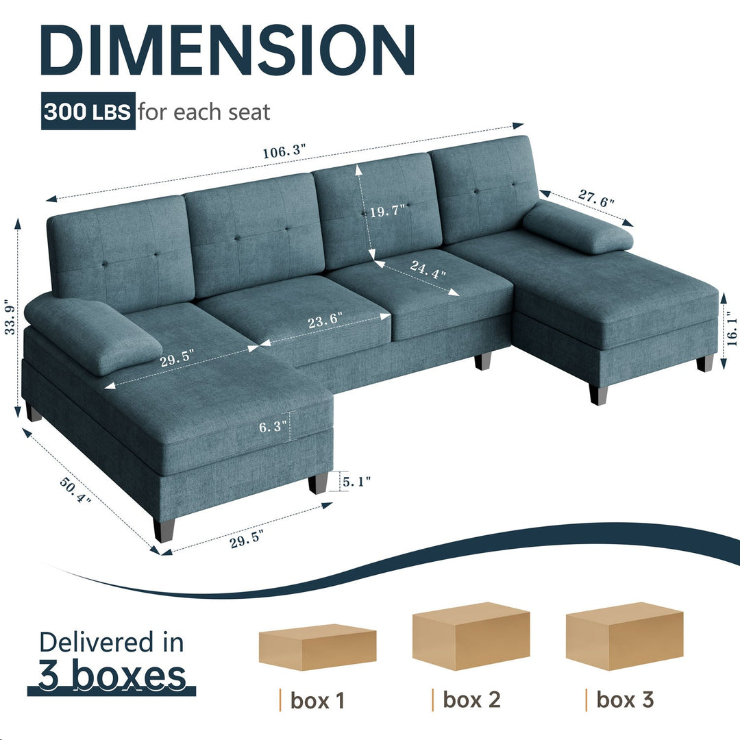 106" U-Shaped 4-Seat Modern Sectional Sofa with Double Chaises – Linen Upholstery
