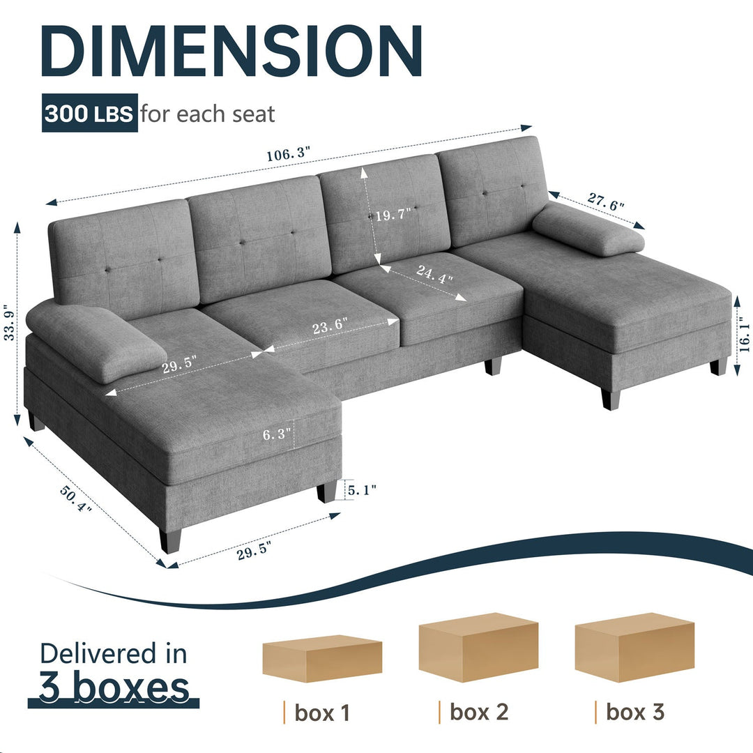 106" U-Shaped 4-Seat Modern Sectional Sofa with Double Chaises – Linen Upholstery