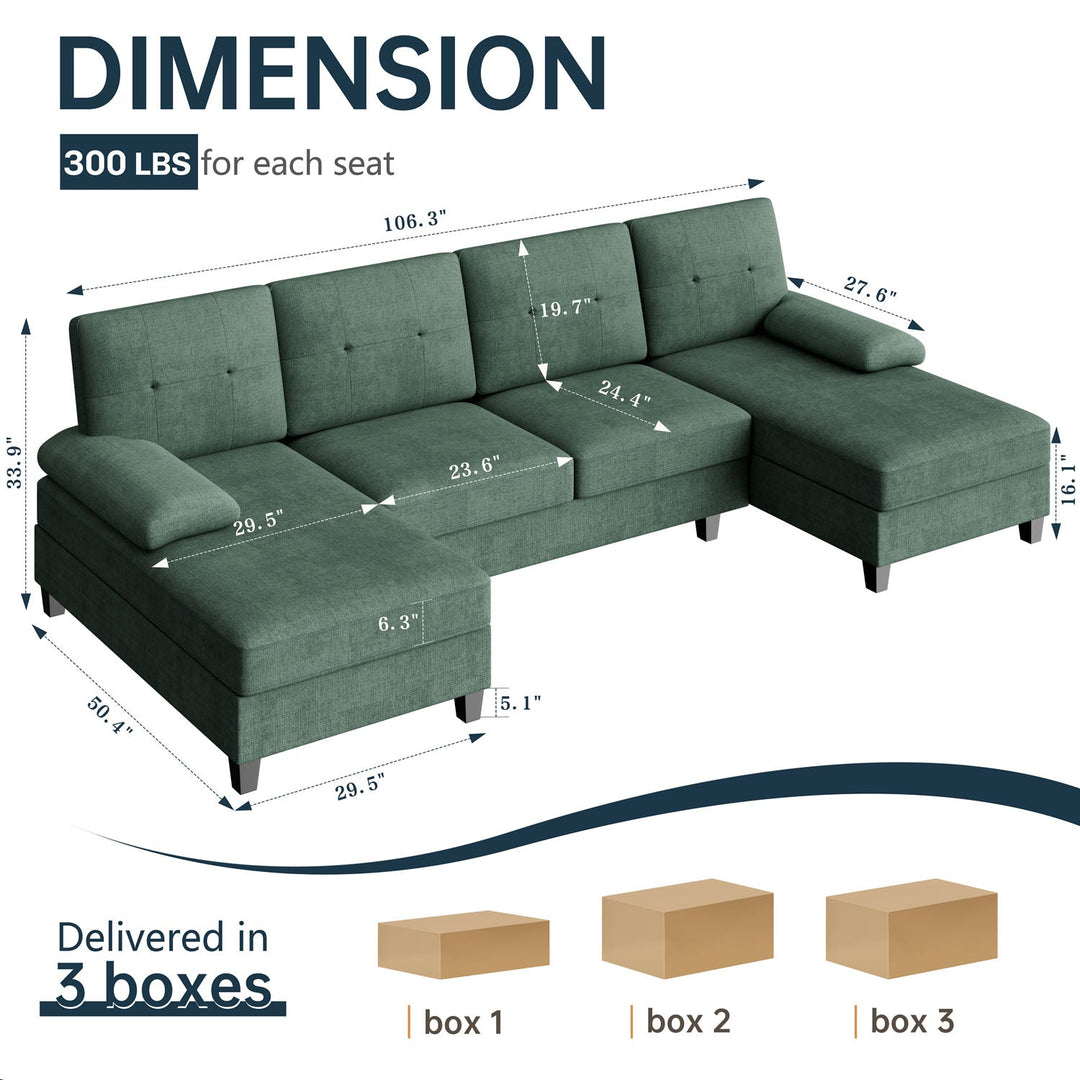 106" U-Shaped 4-Seat Modern Sectional Sofa with Double Chaises – Linen Upholstery