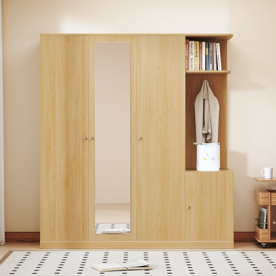 4-Door Natural Wood Wardrobe with Mirror, Shelves, Drawer