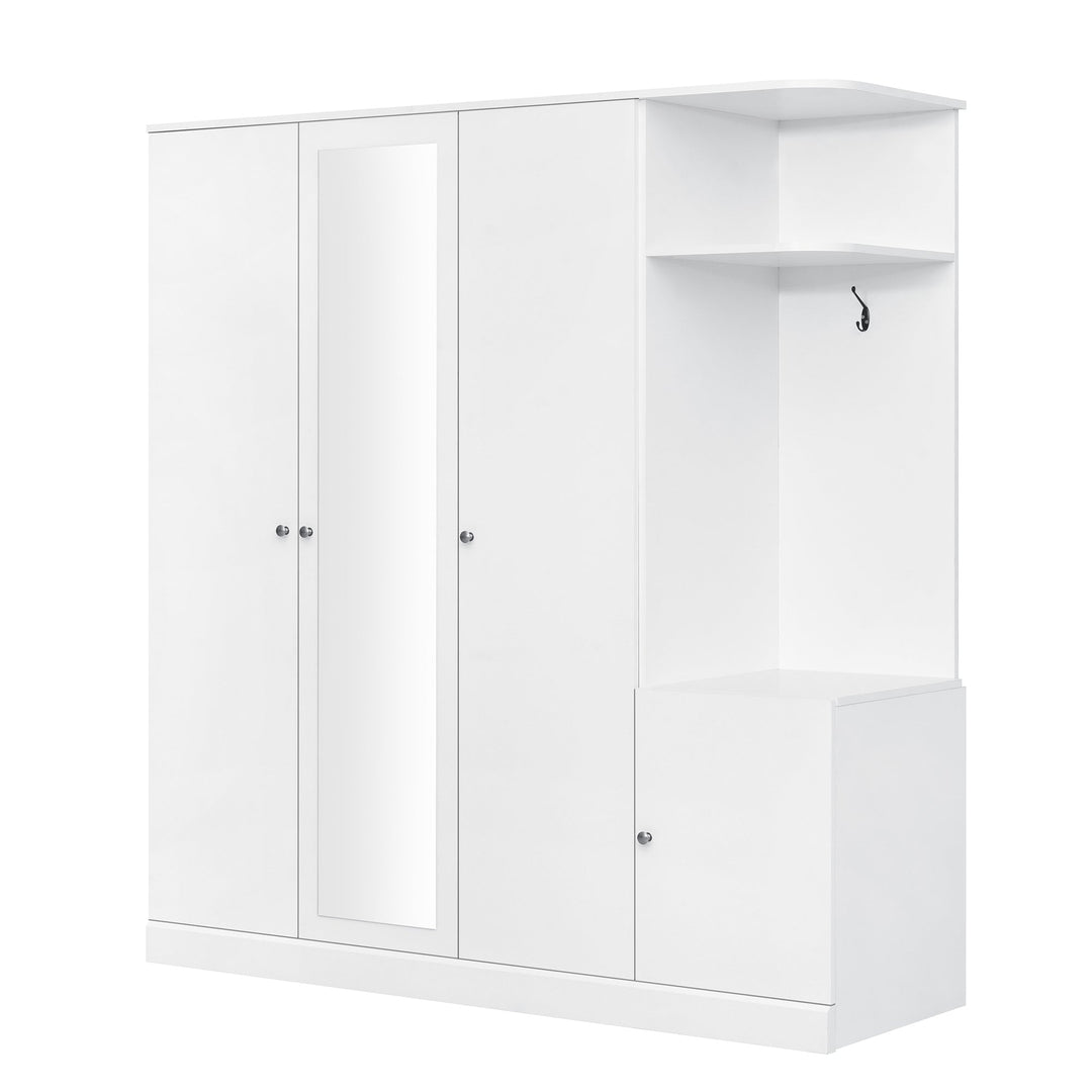 4-Door White Wardrobe with Mirror, Shelves, Drawer, Shoe Storage