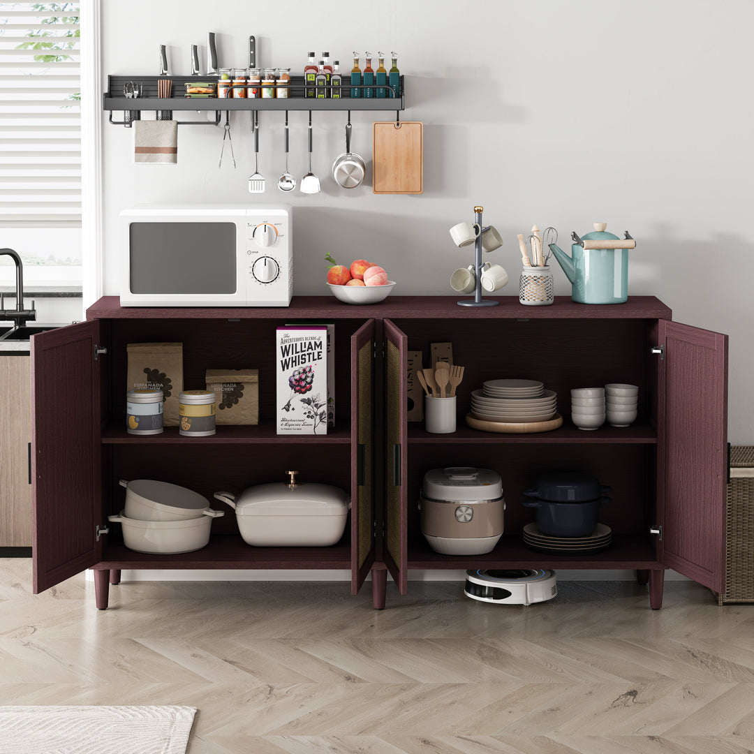 70" Rattan 4-Door Buffet Cabinet with Adjustable Shelves, Brown