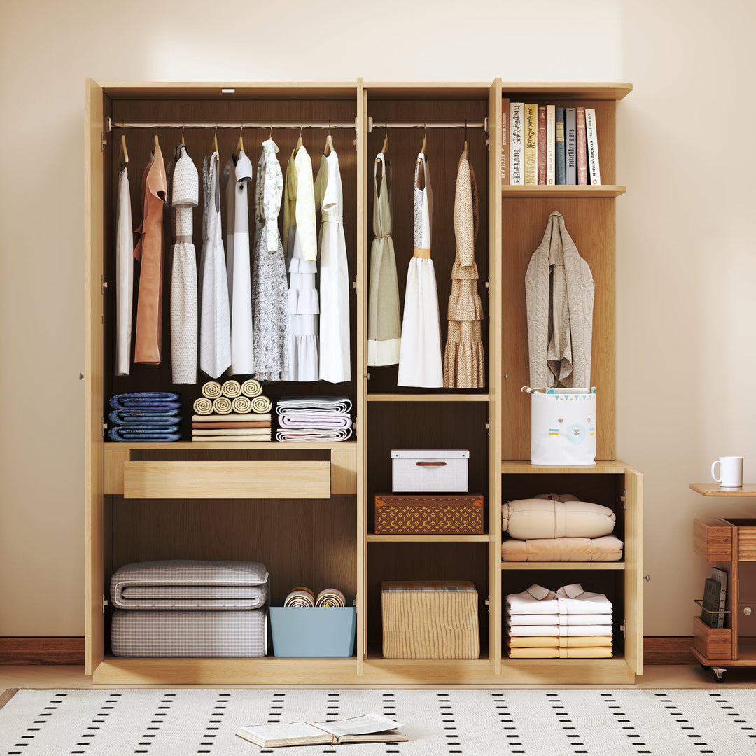 4-Door Natural Wood Wardrobe with Mirror, Shelves, Drawer