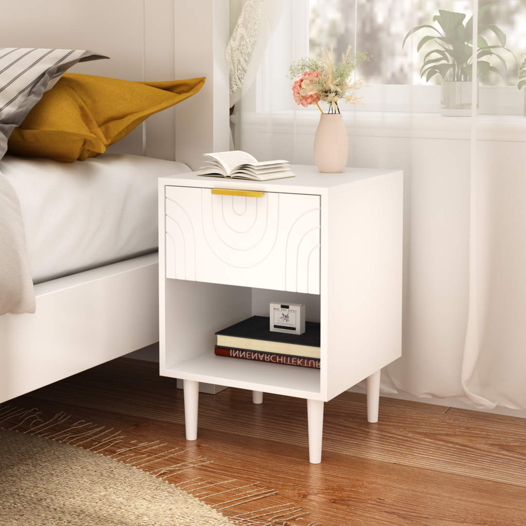 22.8" White Modern Nightstand with Drawer, Gold Accent