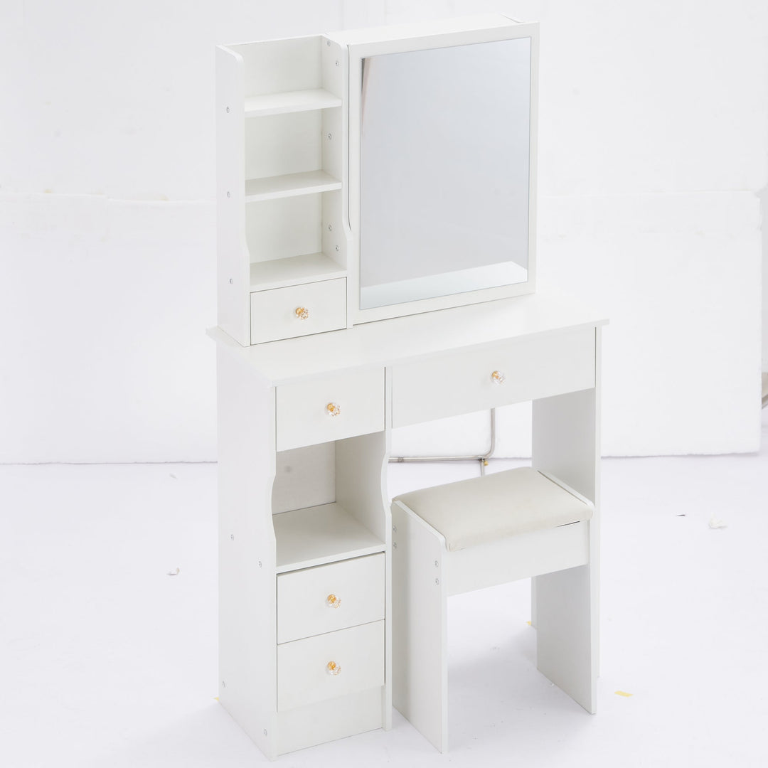 29.2" Compact White Vanity Table with Drawer, Sliding Mirror, and Stool
