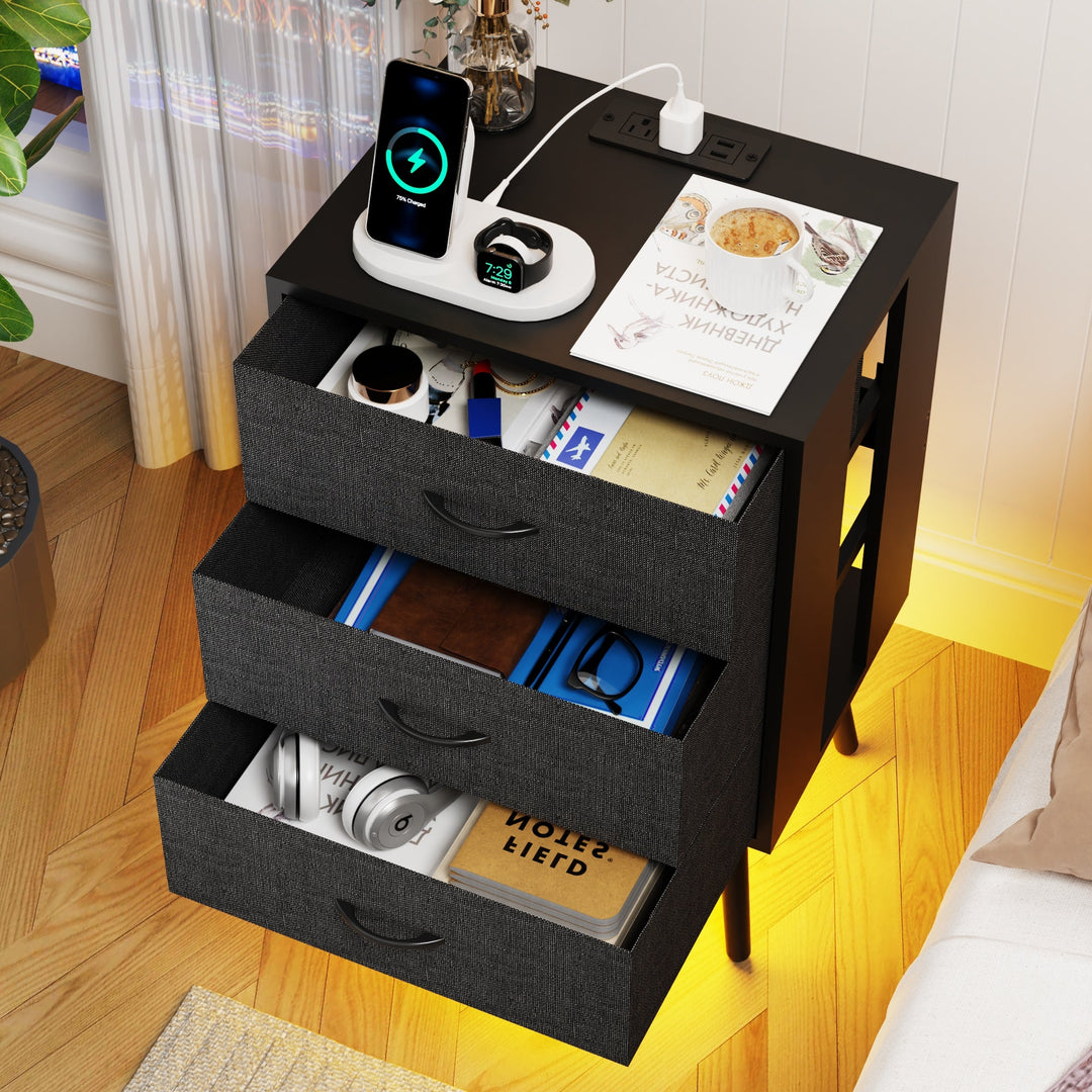 2-Pack Modern Black Nightstands with Charging Station, LED Lights, Fabric Drawers