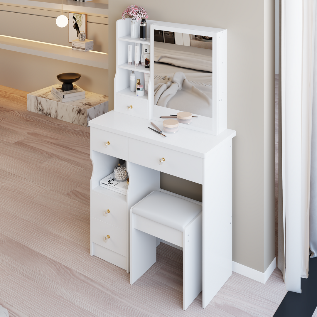 29.2" Compact White Vanity Table with Drawer, Sliding Mirror, and Stool