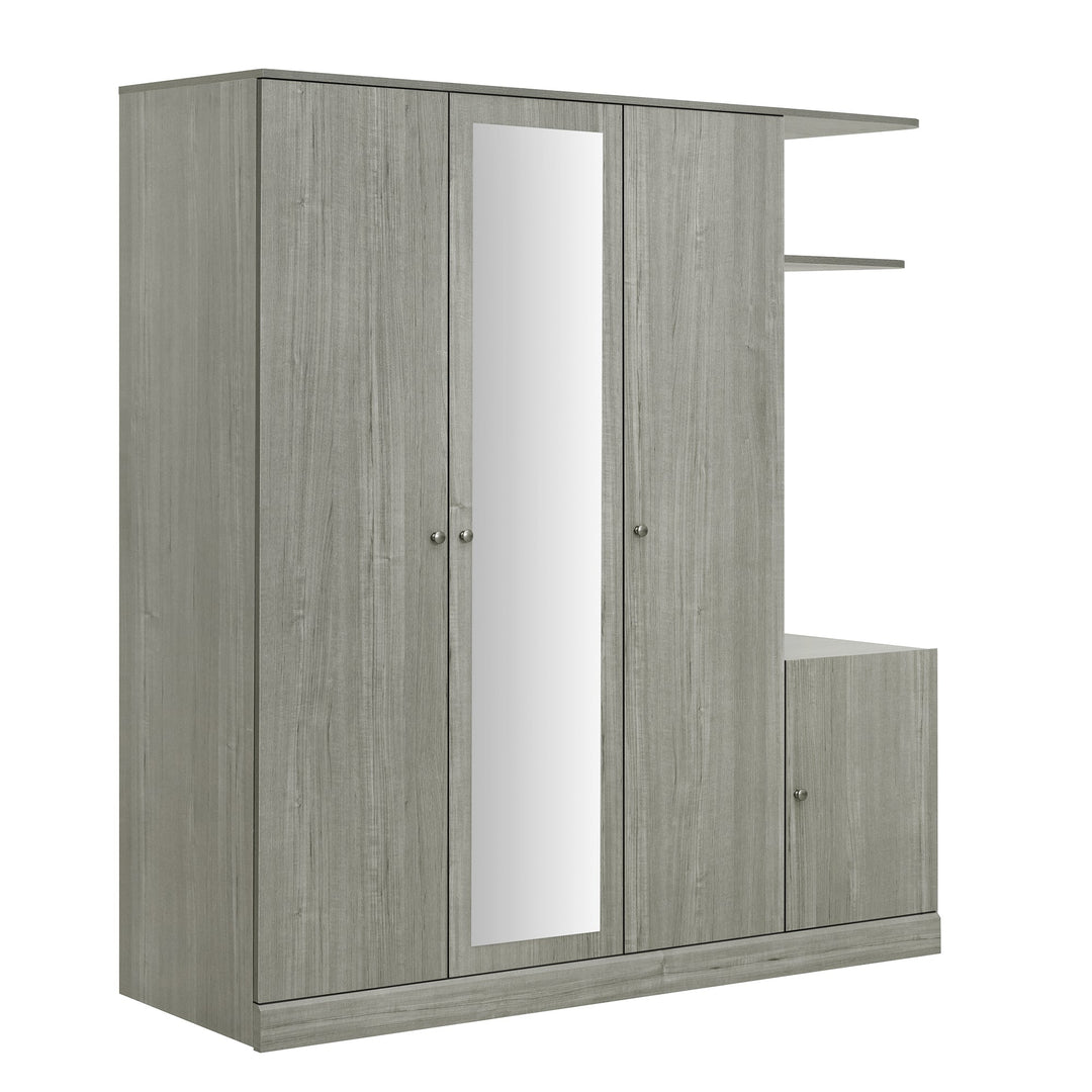 4-Door Gray Wardrobe with Mirror, Shelves, Drawer, and Shoe Storage