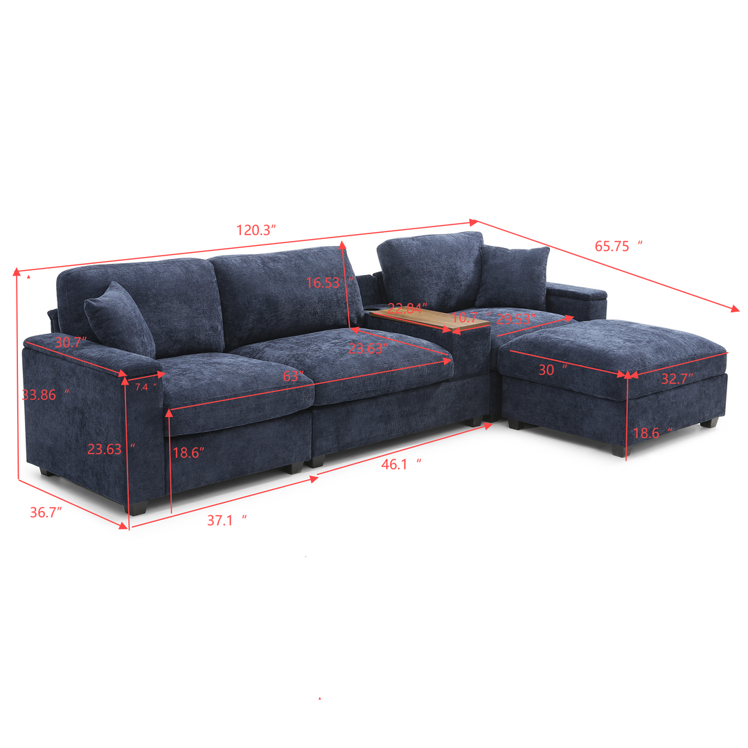 120.3" Dark Blue L-Shaped Sectional Sofa with Table, USB, Ottoman