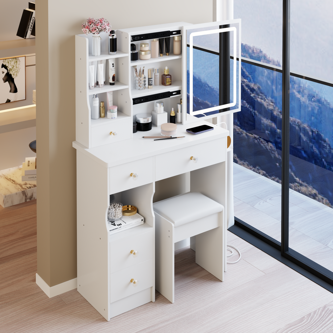 29.2" White Compact Vanity Table with LED Mirror, Charging Station, Stool