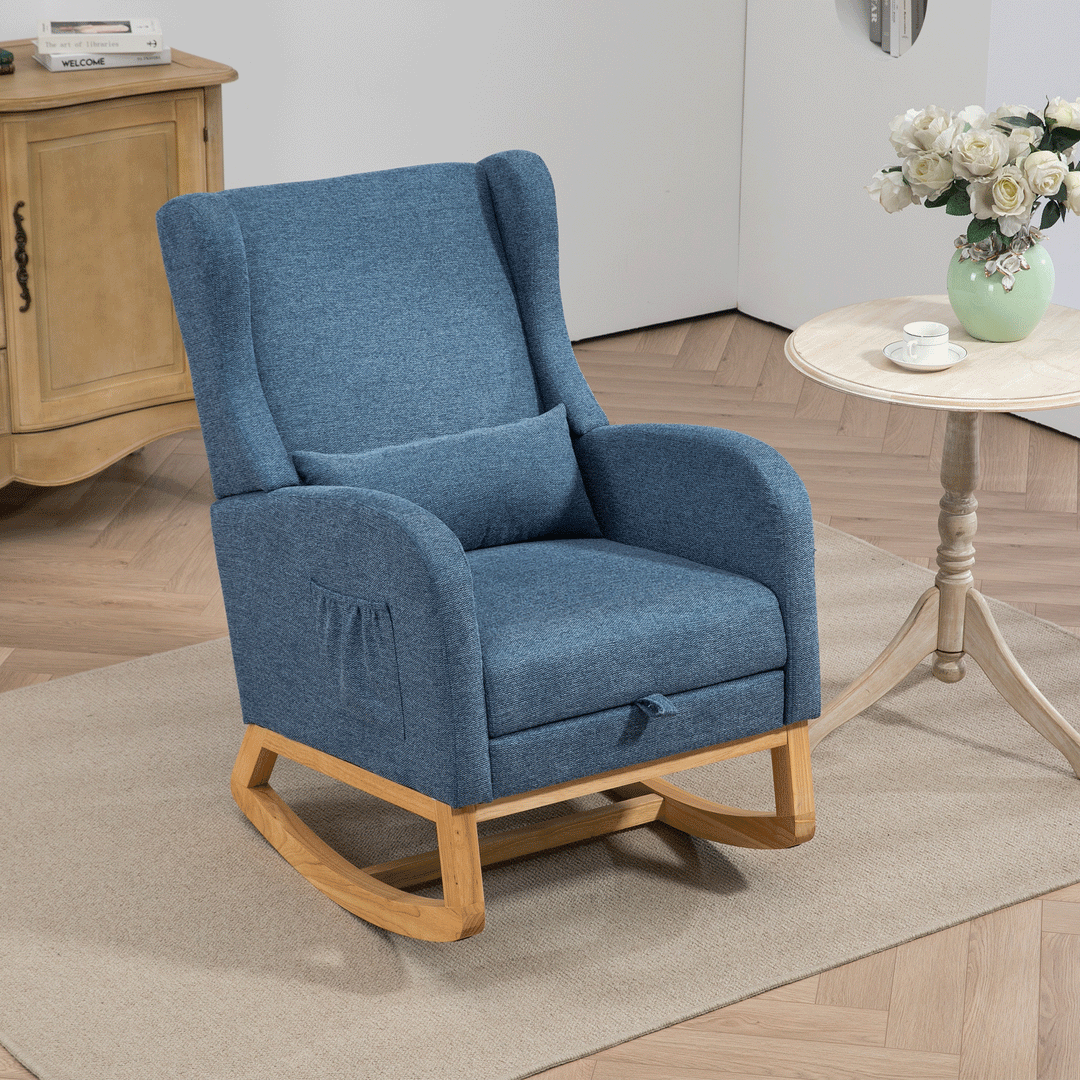 25.4" Blue Nursery Rocking Chair with Footrest, Side Pocket