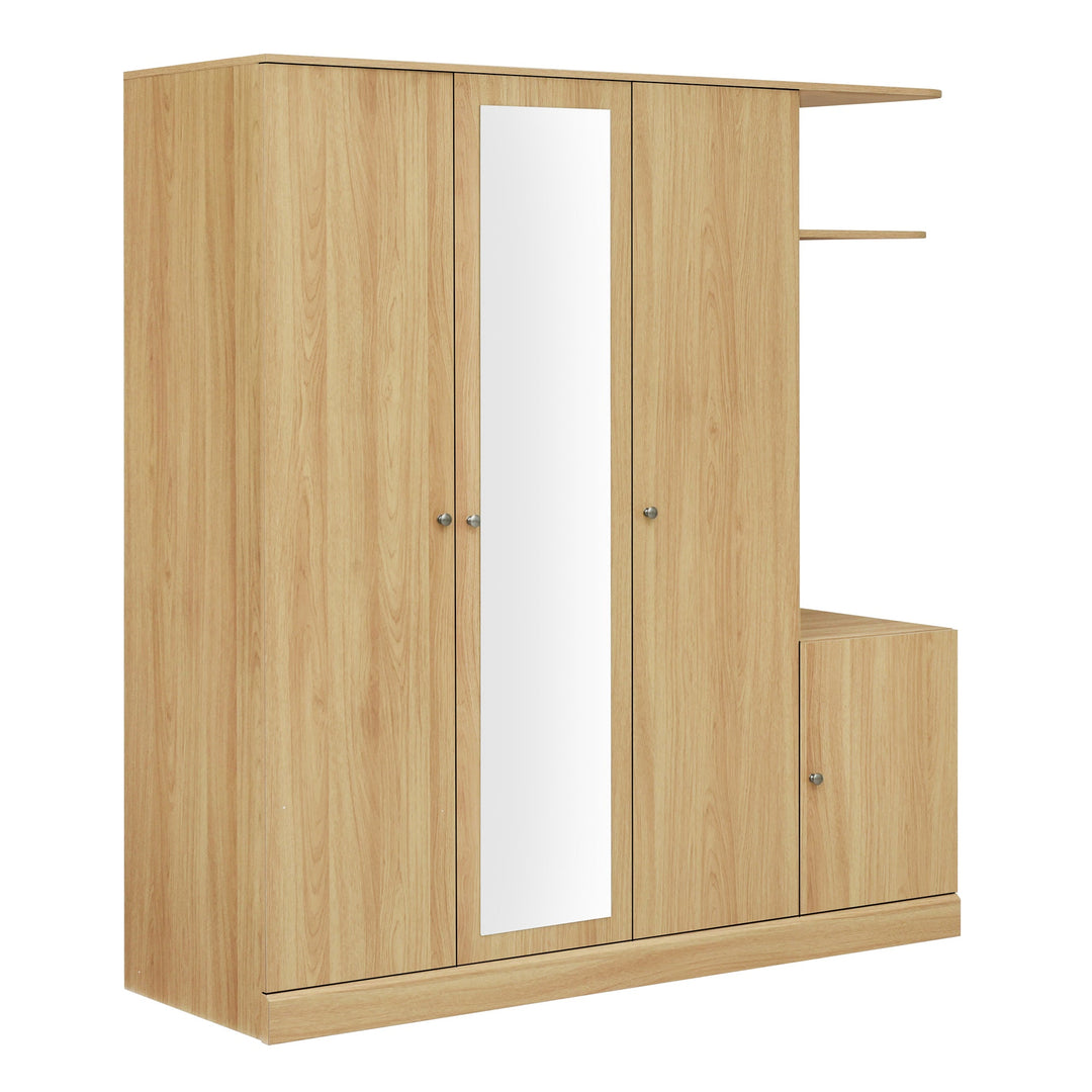4-Door Natural Wood Wardrobe with Mirror, Shelves, Drawer