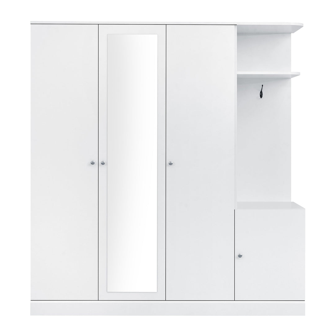 4-Door White Wardrobe with Mirror, Shelves, Drawer, Shoe Storage