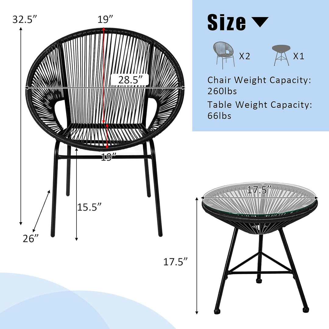 Acapulco 3-Piece Modern Patio Bistro Set – All-Weather Woven Rope Chairs & Tempered Glass Table (Black)