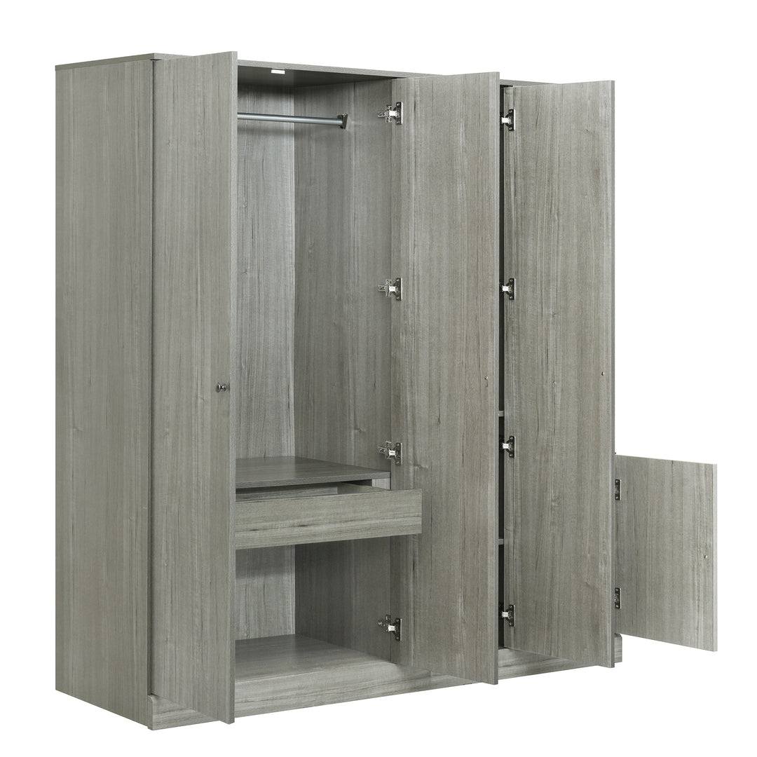 4-Door Gray Wardrobe with Mirror, Shelves, Drawer, and Shoe Storage