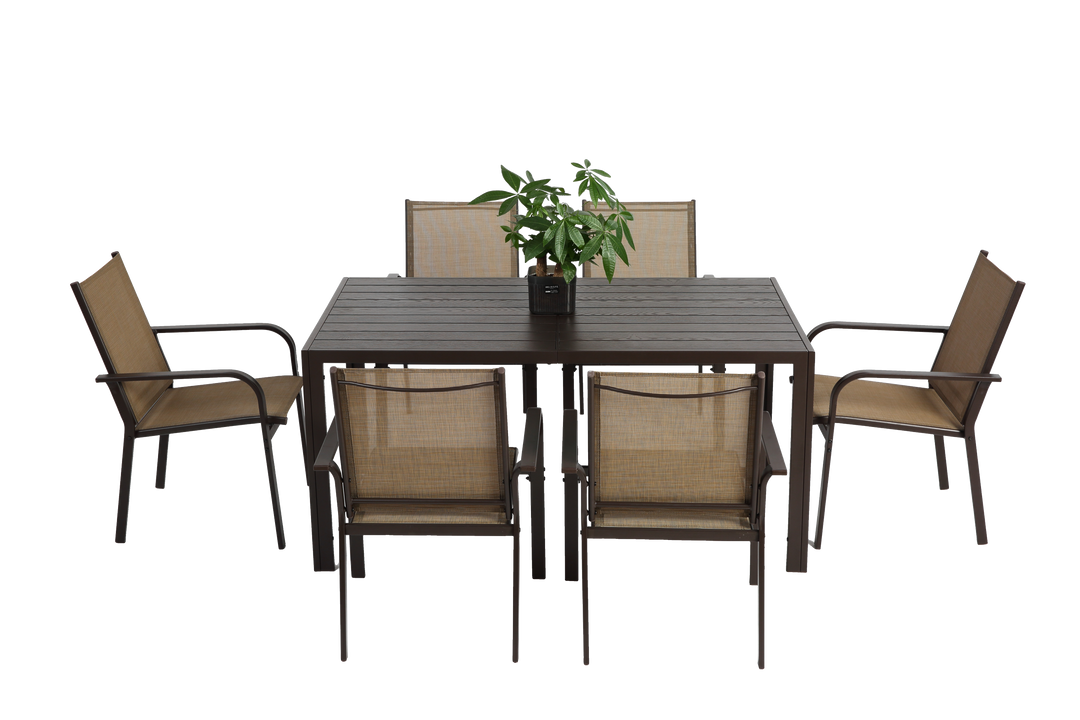 7-Piece Patio Dining Set with Table and 6 Stackable Textilene Chairs, Brown