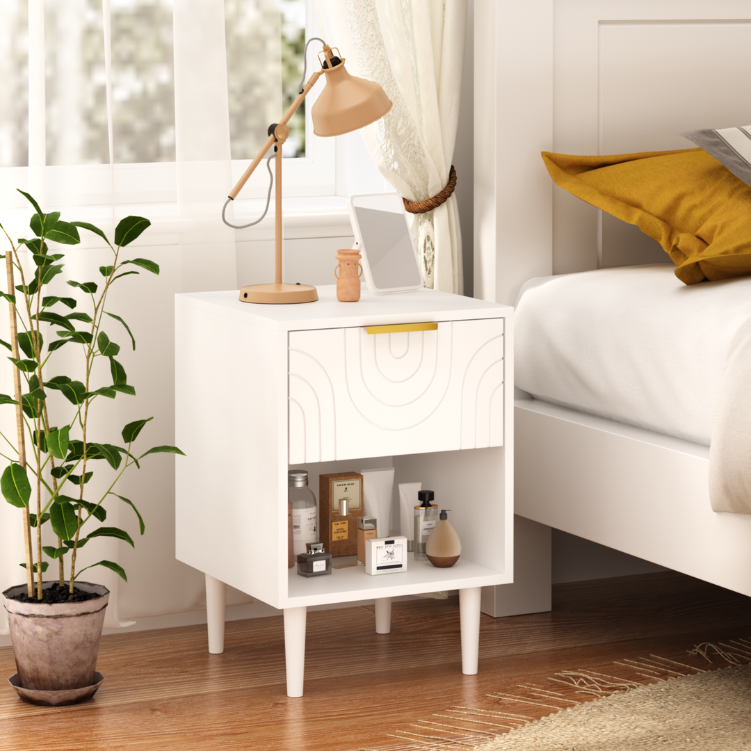 22.8" White Modern Nightstand with Drawer, Gold Accent