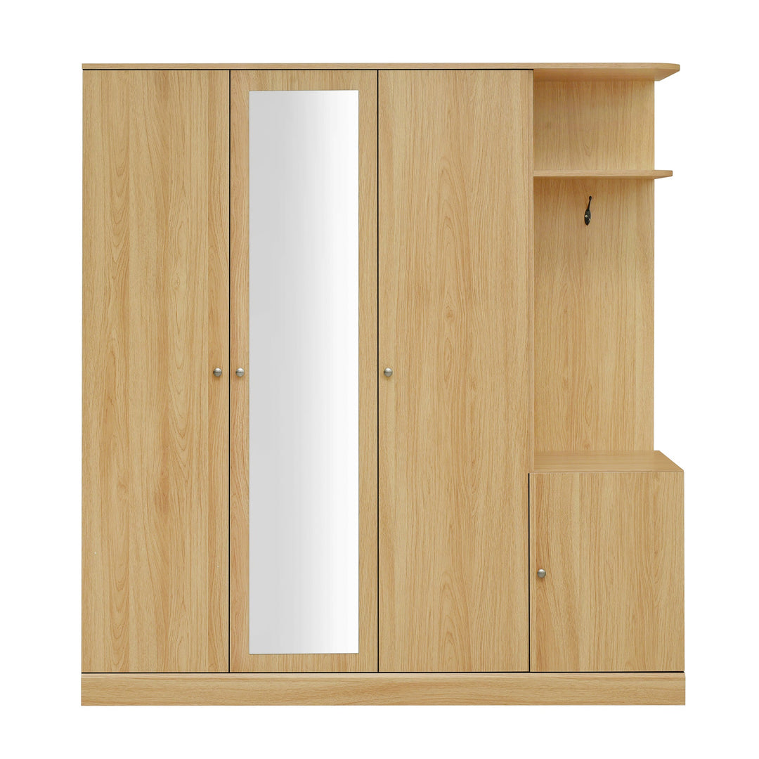 4-Door Natural Wood Wardrobe with Mirror, Shelves, Drawer