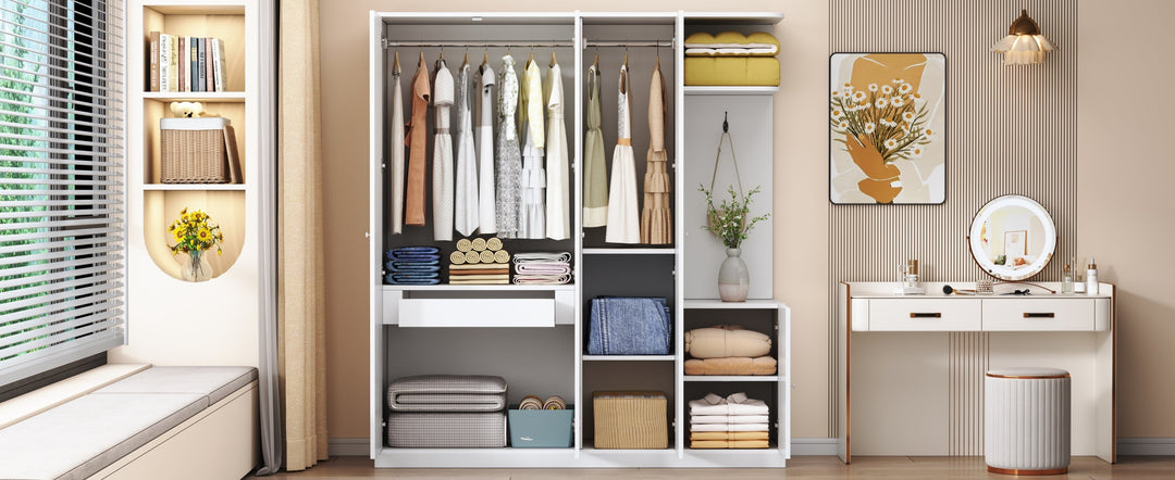 4-Door White Wardrobe with Mirror, Shelves, Drawer, Shoe Storage