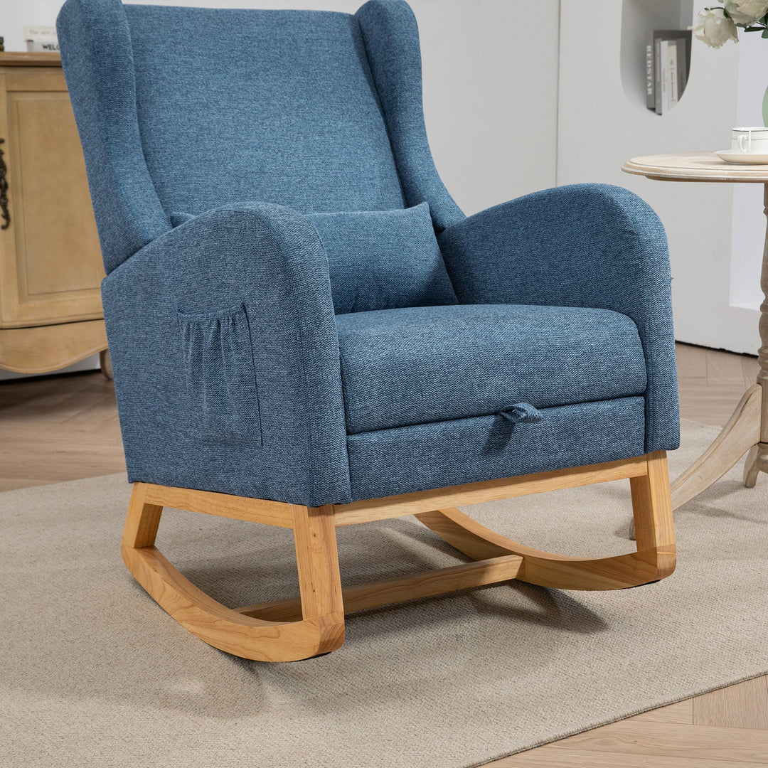 25.4" Blue Nursery Rocking Chair with Footrest, Side Pocket