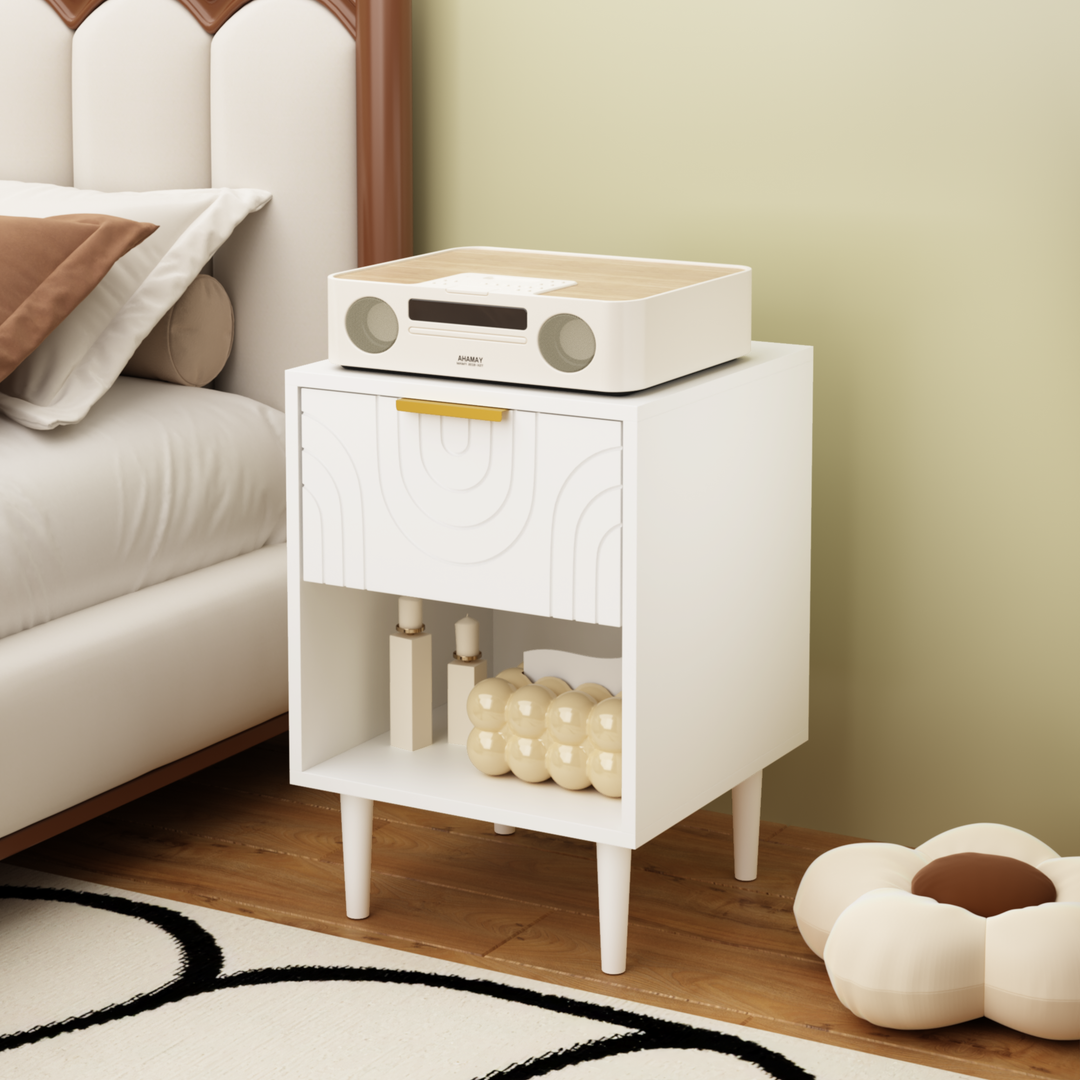 22.8" White Modern Nightstand with Drawer, Gold Accent
