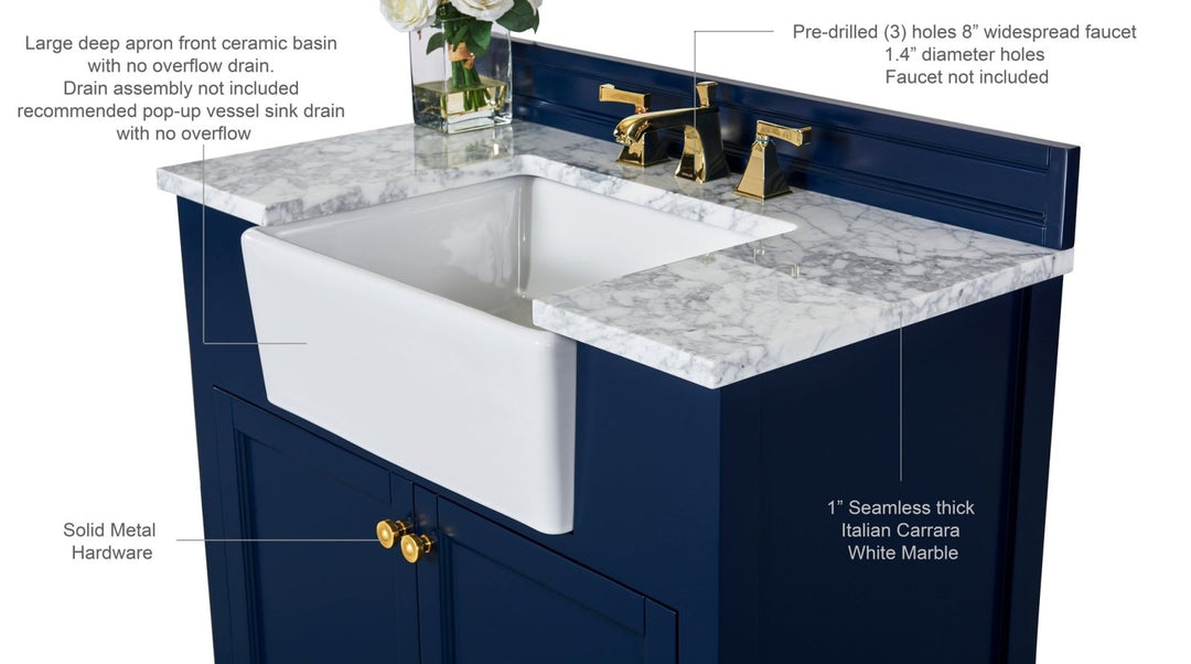 Adeline Farmhouse Vanity with Carrara Marble Top & Apron Sink