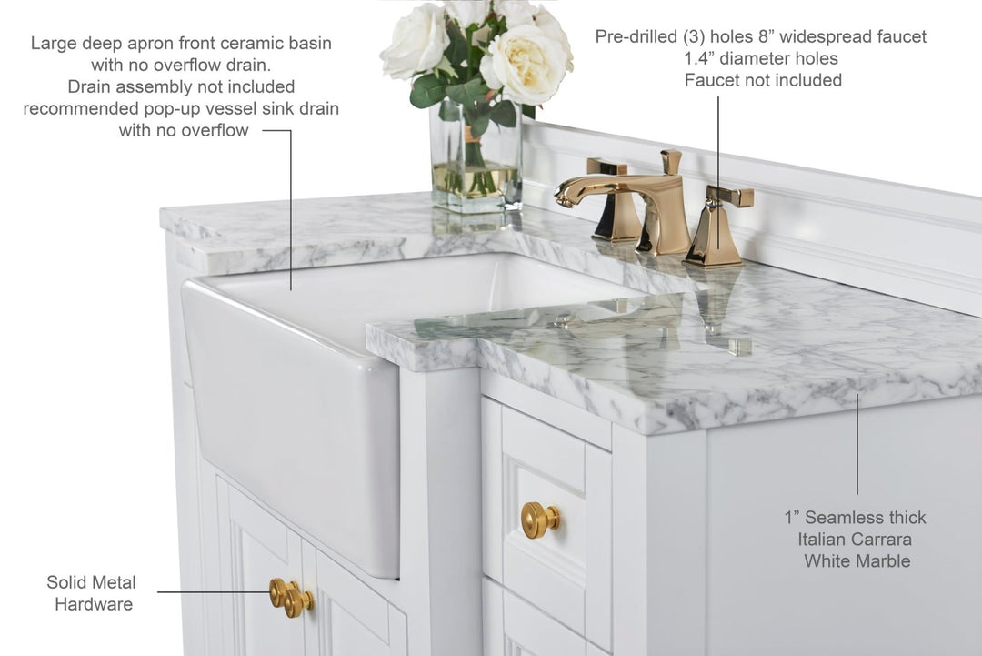 Adeline Farmhouse Vanity with Carrara Marble Top & Apron Sink