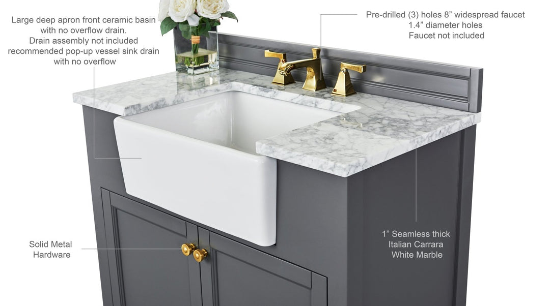 Adeline Farmhouse Vanity with Carrara Marble Top & Apron Sink