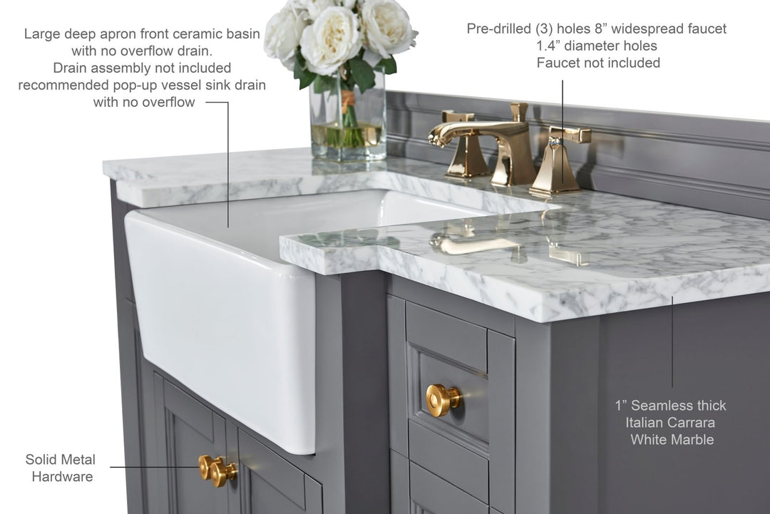 Adeline Farmhouse Vanity with Carrara Marble Top & Apron Sink