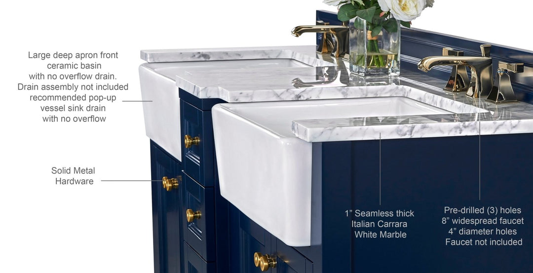 Adeline Farmhouse Vanity with Carrara Marble Top & Apron Sink