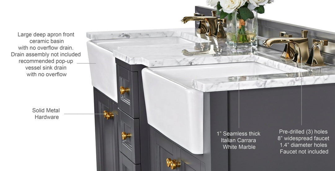Adeline Farmhouse Vanity with Carrara Marble Top & Apron Sink