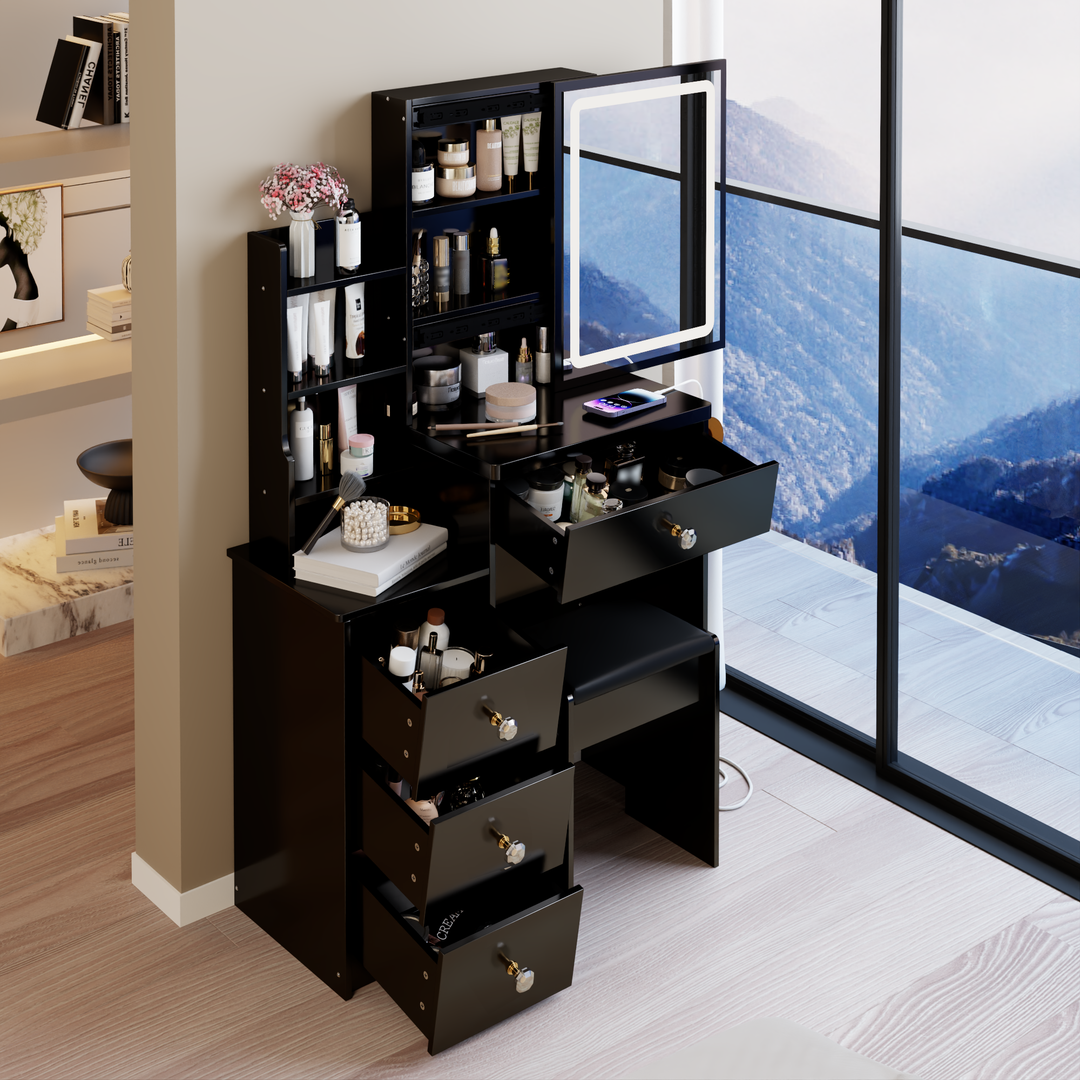 29.2" Compact Vanity Table with LED Mirror, Charging Station, Hair Dryer Holder, Stool
