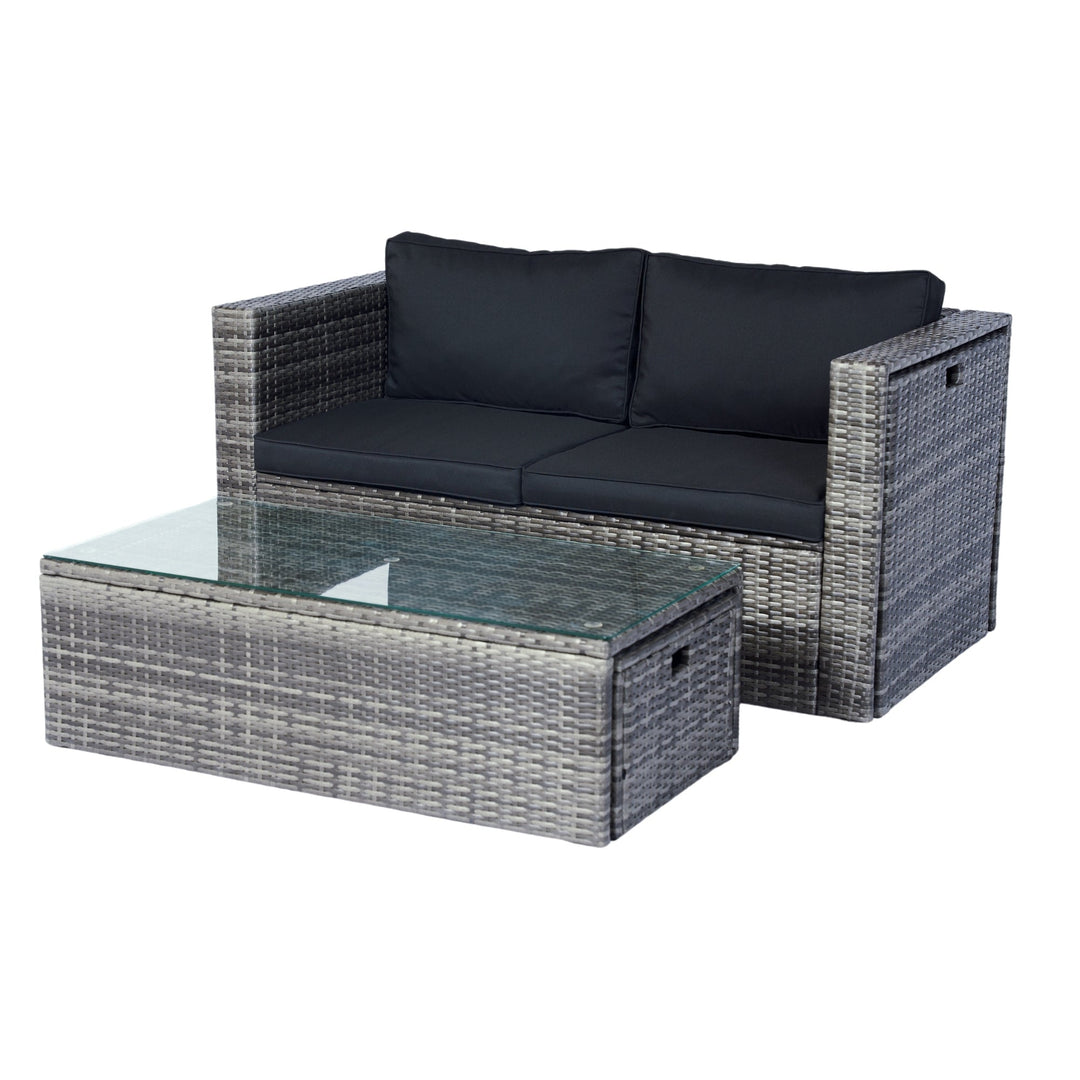 6-Piece Grey Wicker Patio Sectional Set with Black Cushions