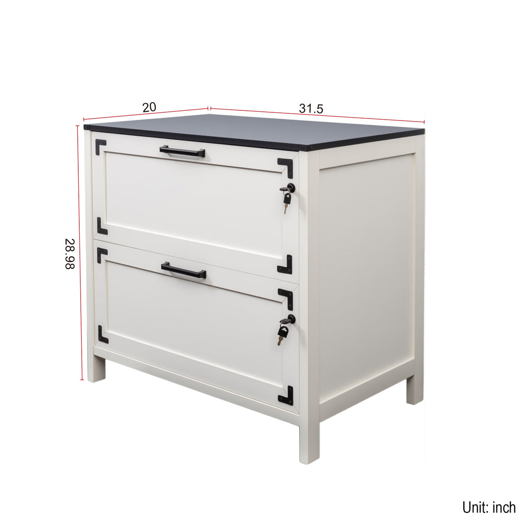 2-Drawer White Farmhouse File Cabinet with Lock