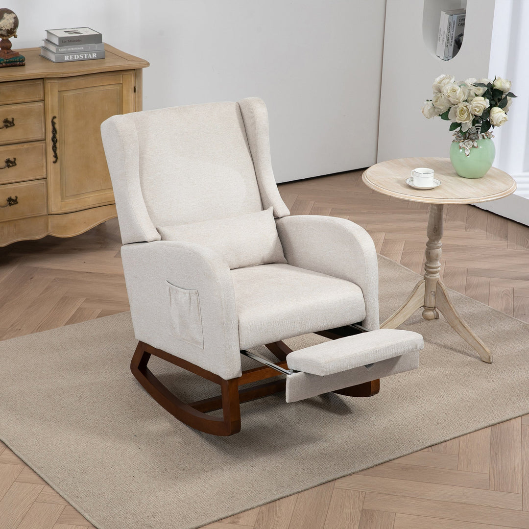 25.4" Beige Nursery Rocking Chair with Footrest, Side Pocket