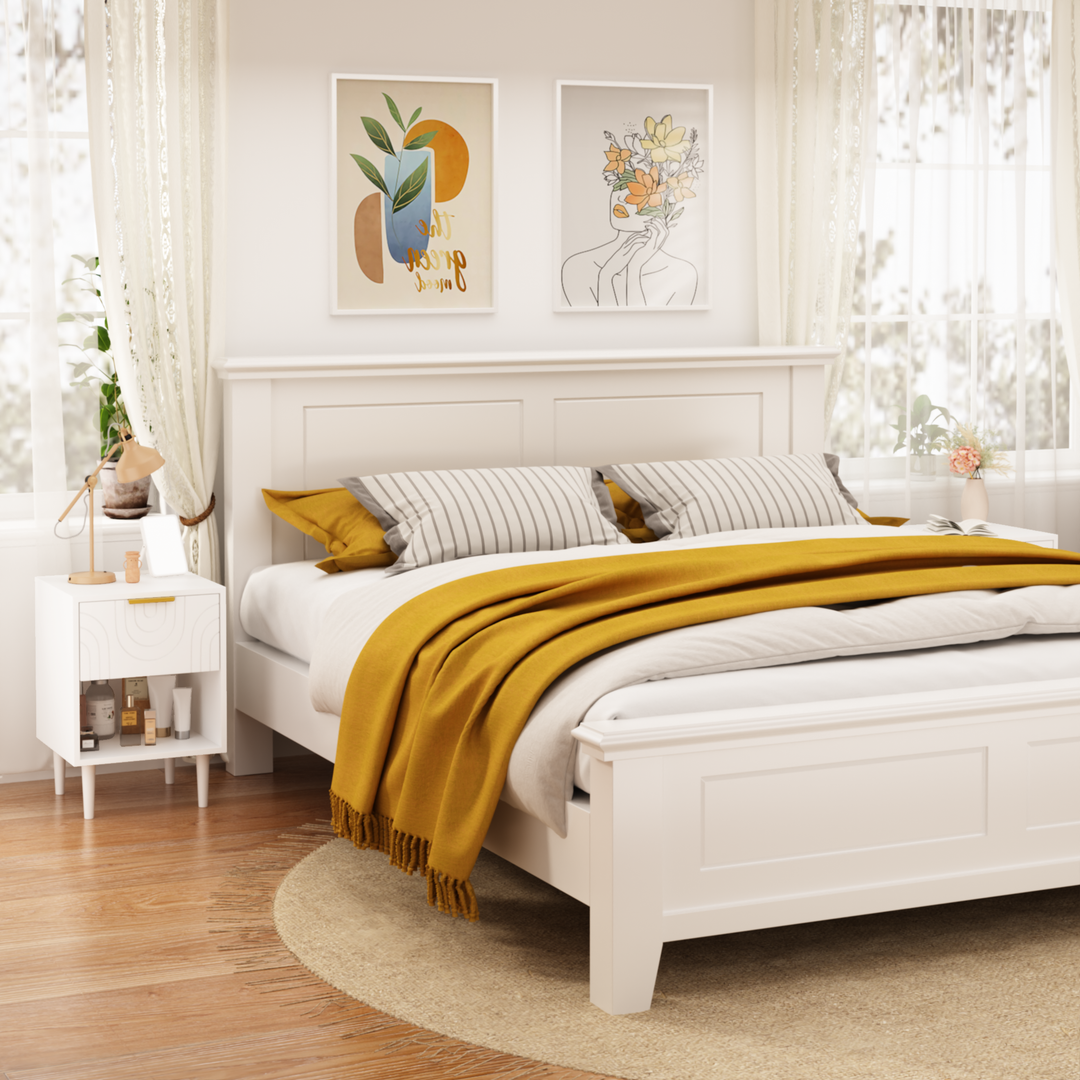 22.8" White Modern Nightstand with Drawer, Gold Accent