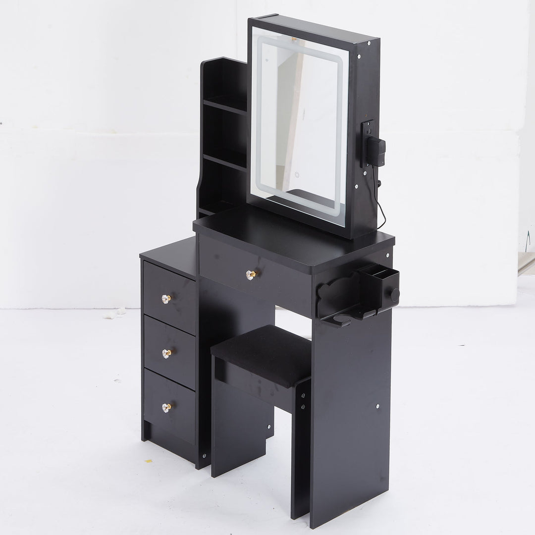 29.2" Compact Vanity Table with LED Mirror, Charging Station, Hair Dryer Holder, Stool