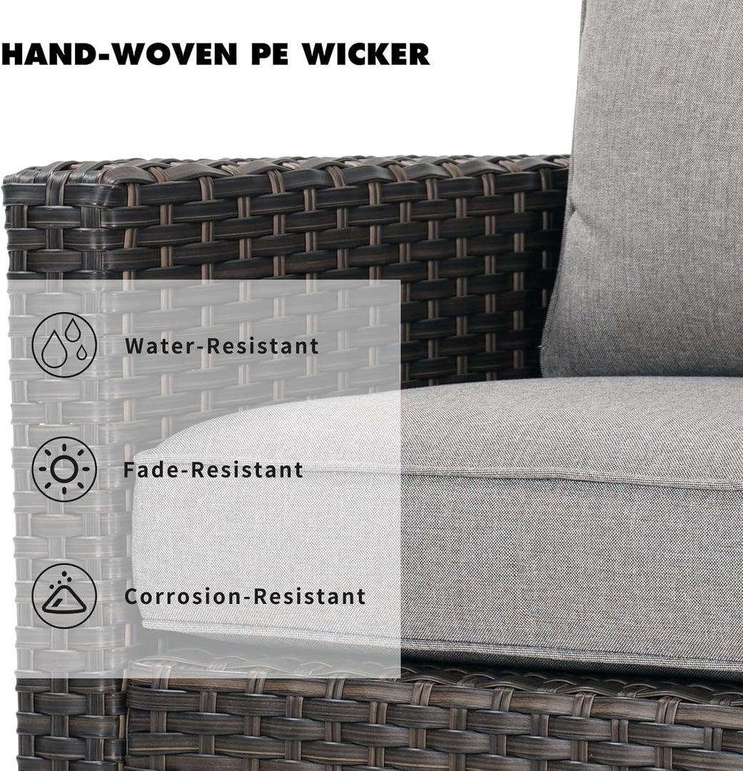 Grand Patio 5-Piece Outdoor Wicker Sofa Set with 43” Propane Fire Pit Table – UV-Resistant Gradient Brown Rattan with Olefin Cushions, Gray